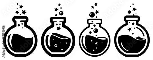 Magic potion bottles collection with stars and bubbles in black silhouette style