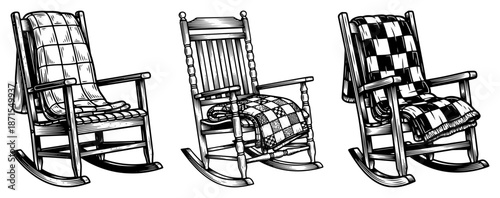 Vintage wooden rocking chairs set with pillows in engraving style