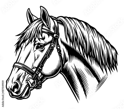 Black and white horse head portrait with bridle in vintage engraving style
