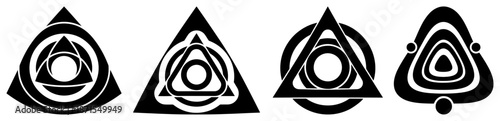 Set of abstract geometric triangle symbols with circular centers for logo design