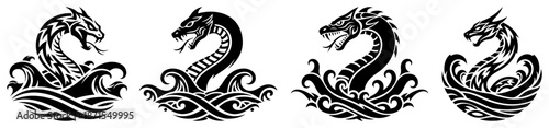 Tribal sea dragon or serpent rising from waves set