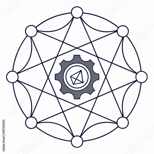 Geometric network diagram with gear and nodes for tech concepts