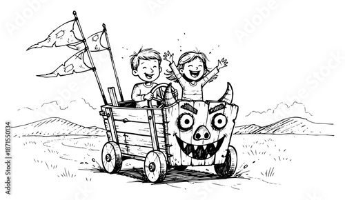 Happy kids riding wooden monster wagon coloring page