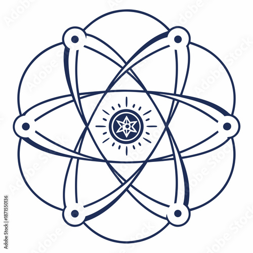 Modern atomic symbol with starburst design element