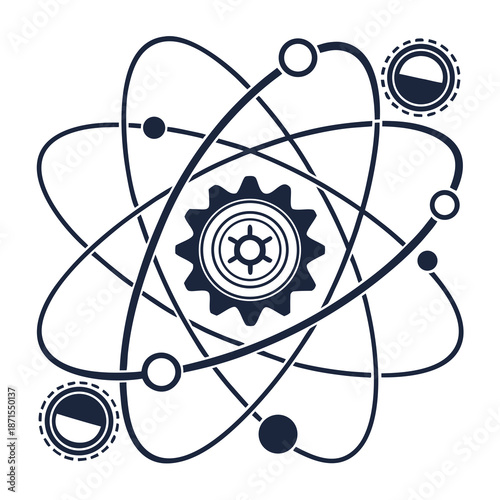 Modern gear integrated into atomic structure symbolizing innovation