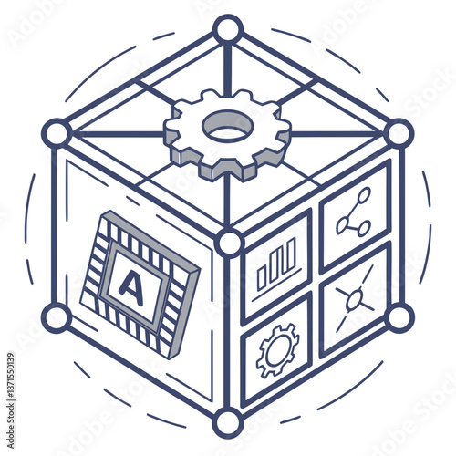 Modern technology and data analysis concept with gear and cube
