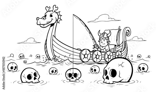 Viking fishing from dragon ship in sea of skulls