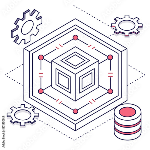 Modern technology and data storage concept with gears and cube