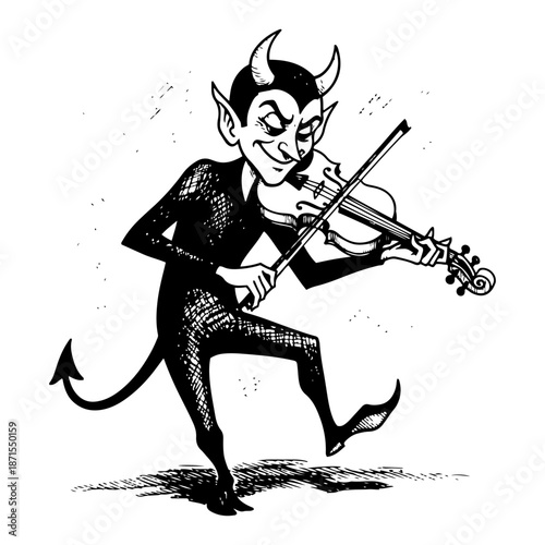 Mischievous horned devil character playing the violin and dancing