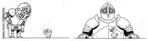 Funny cartoon knight in full armor looking down at a small duck