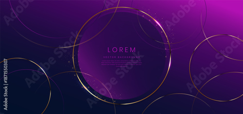 Abstract 3d dark blue and purple circles layer background with gold lines curved sparkle with copy space for text. Luxury style template design.