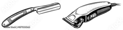 Vintage straight razor and electric hair clipper barber tools