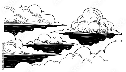 Decorative hand drawn cloud sketches with heavy shading details