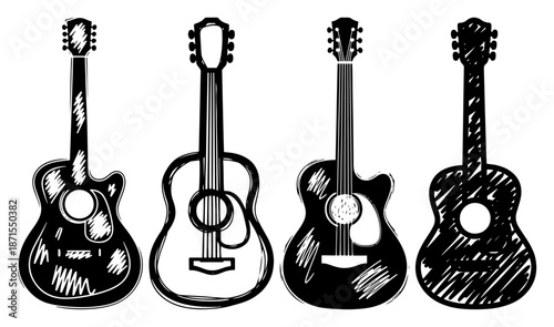 Set of four hand drawn acoustic guitars in rough sketch style
