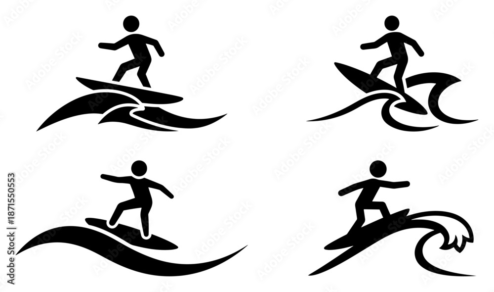 Obraz premium Surfer on wave silhouettes set for water sport logo