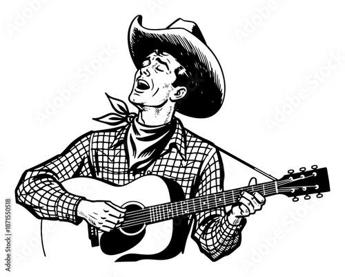 Singing cowboy playing acoustic guitar in retro vintage style