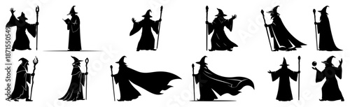 Set of magic wizard silhouettes in robes with staffs