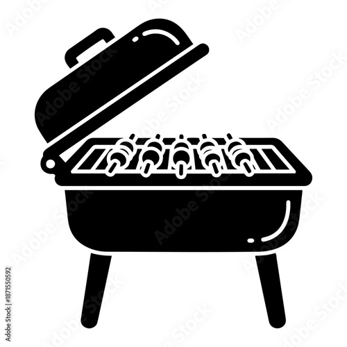 Open barbecue grill with shish kebab skewers icon silhouette