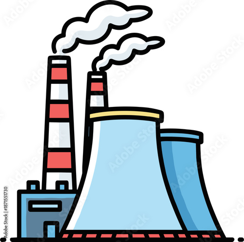 Industrial power plant with cooling towers and smokestacks emitting smoke on a transparent background