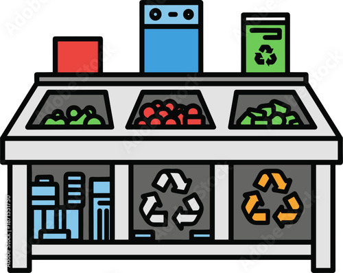 Recycling station with green, red, and blue bins for glass, plastic, and paper waste on a white background