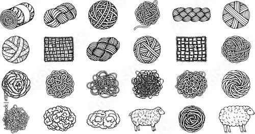 Hand-drawn Yarn Balls, Wool Textures, Fabric, and Sheep Vector Icon Set