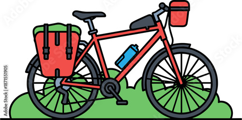 Red bicycle with a backpack and water bottle on green grass in a natural outdoor setting isolated on a transparent background