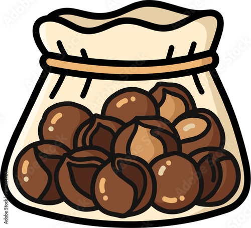 A bag of nuts filled with various brown nuts on a transparent background, ideal for healthy snacks in the kitchen or at home.