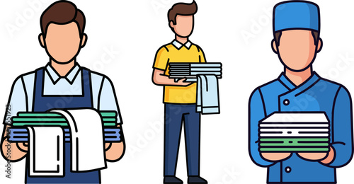 Three people carrying folded laundry in a professional setting on a transparent background with colorful towels and garments in the foreground.