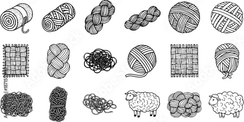 Hand-drawn doodle icons set of yarn, wool, sheep, and textile crafts for knitting, crochet, and creative handmade projects