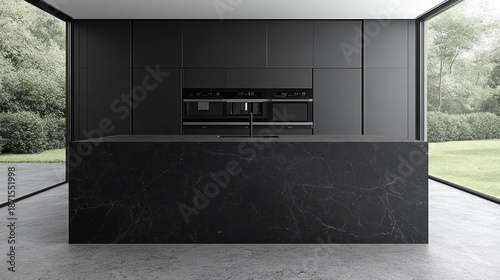 Modern dark kitchen with large island, glass walls, and garden view