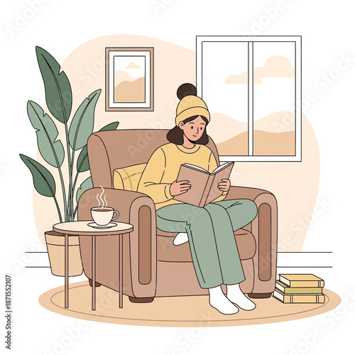 Cozy woman reading book in armchair with tea and plant, indoor relaxation