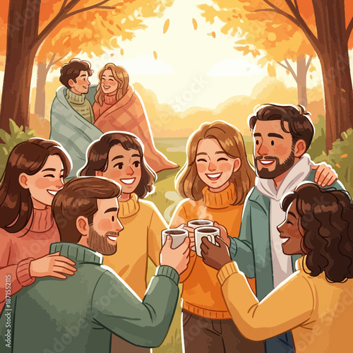 Autumn friends enjoying coffee in park, warm cozy gathering, diverse people toasting mugs