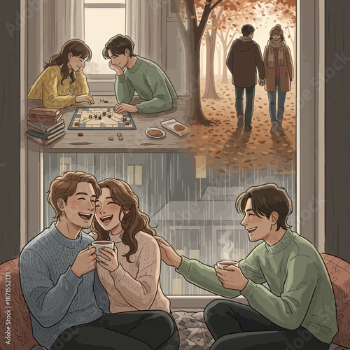 Cozy Autumn Lifestyle: Couples enjoy board games indoors and warm drinks, contrasting with autumn walk.
