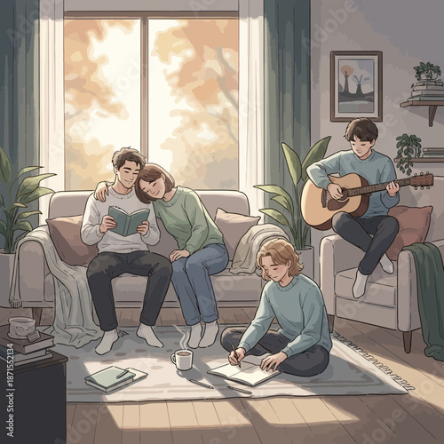 Cozy Autumn Living Room Scene: Family Relaxing, Reading, and Playing Guitar