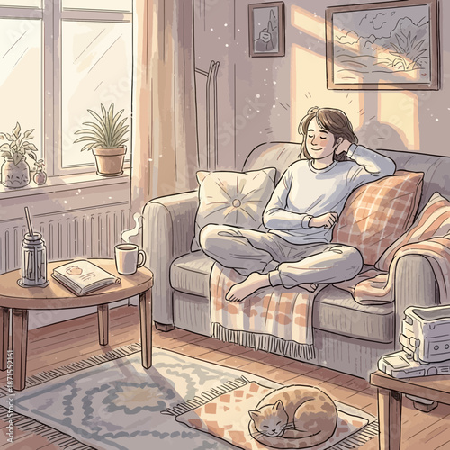 Cozy Living Room Scene: Woman Relaxing on Sofa with Cat and Warm Sunlight