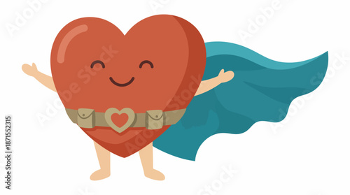 A cute cartoon red heart character with a smile, wearing a superhero cape and belt, standing with arms outstretched.