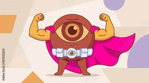 A strong, cartoon eyeball character flexing its biceps with a pink cape and utility belt.
