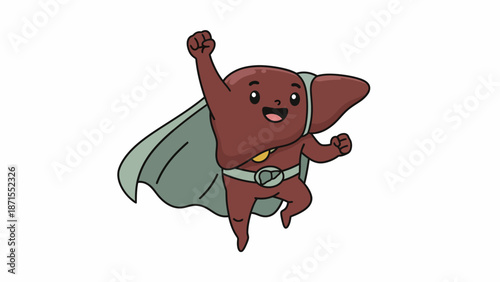 Cute cartoon liver organ character dressed as a superhero, flying with a cape and a happy expression, representing health and vitality.
