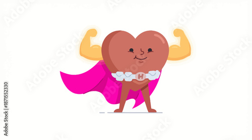 A cartoon heart character with a cape and strong arms, symbolizing health and strength.