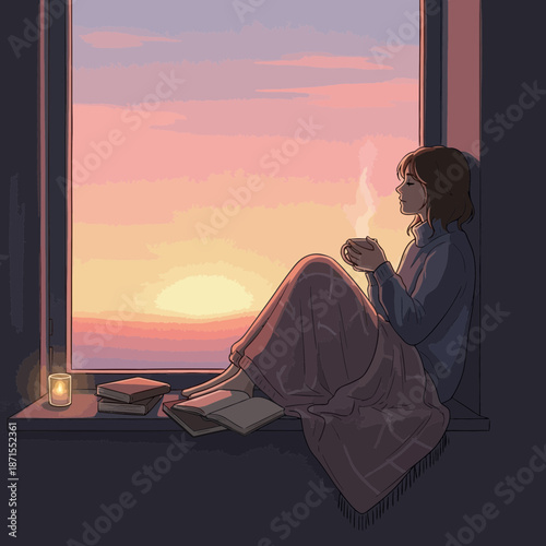 Woman sitting on windowsill with hot drink watching sunset, cozy atmosphere, pixel art style