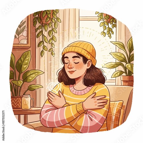 Young woman practicing self-care, hugging herself with eyes closed in a cozy, plant-filled room.