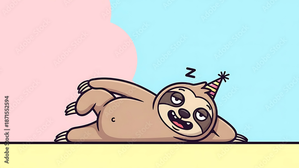 Obraz premium Cartoon sloth sleeping on its back with a party hat.