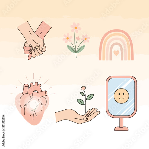Self-care and Love Collection: Hands, Heart, Plant, Rainbow, Mirror, Flowers
