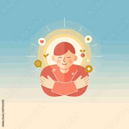 Self-care illustration: Person hugging themselves with positive symbols radiating outwards