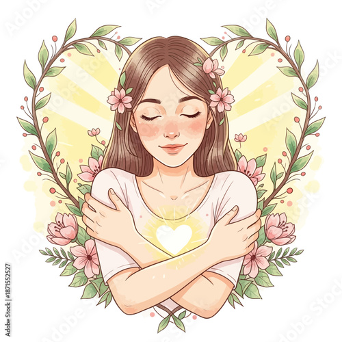 Self-love Illustration: Woman Hugging Herself with Flowers and Heart Symbol