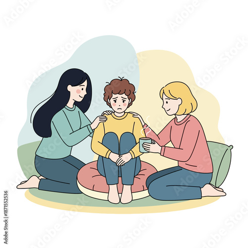 Two women comforting a sad child, offering support and care, mental health concept