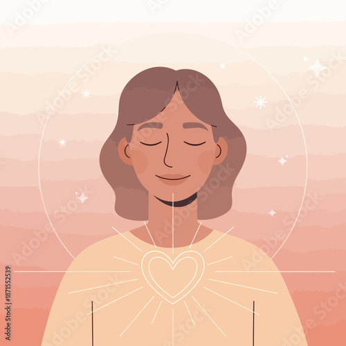 Woman Inner Peace and Harmony, Heart Chakra Glow, Spiritual Aura, Calm Meditation
