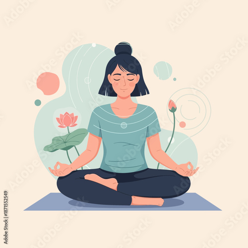 Woman Meditating in Lotus Pose with Water Lilies and Abstract Shapes