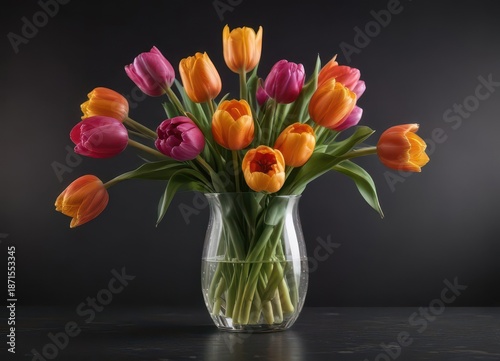 Wallpaper Mural A bouquet of fresh tulips placed in a big clear glass vase against a dark backdrop, interior decoration ideas, still life photography, glass vase Torontodigital.ca