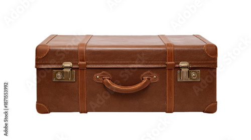 isolated old vintage brown leather suitcase on a transparent background
